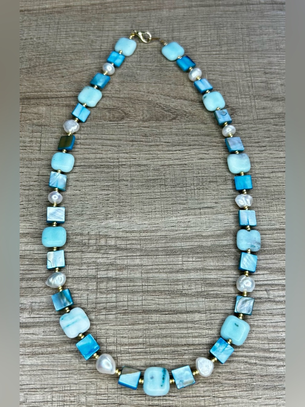 Freshwater Pearl Blue Mother of Pearl Beaded gemstone Necklace - Handmade